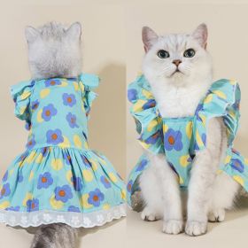 Spring And Summer Dog Clothes Cat Clothing Pet Cotton Floral Slip Dress Mesh Skirt Dress (Option: Green Flowers-XS)